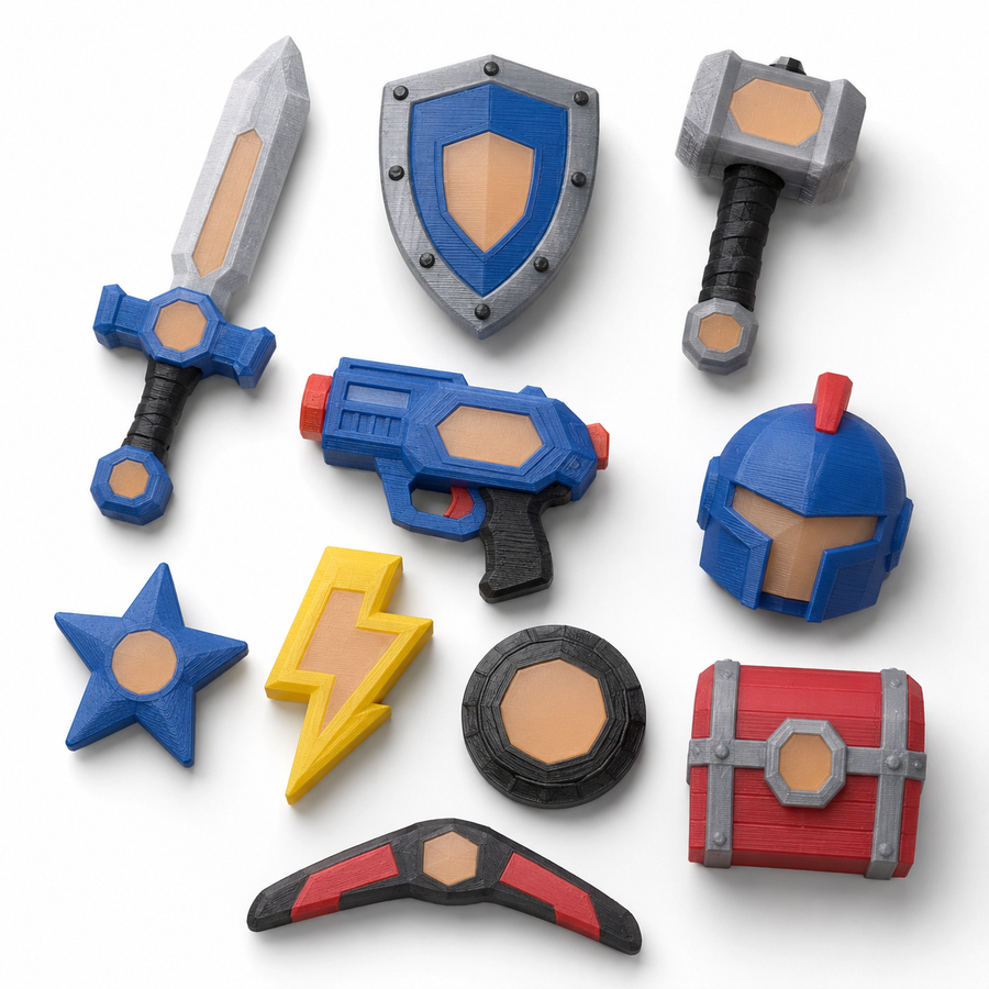 Hero Gear Color Shifter Set with sword, shield, tools, and badges