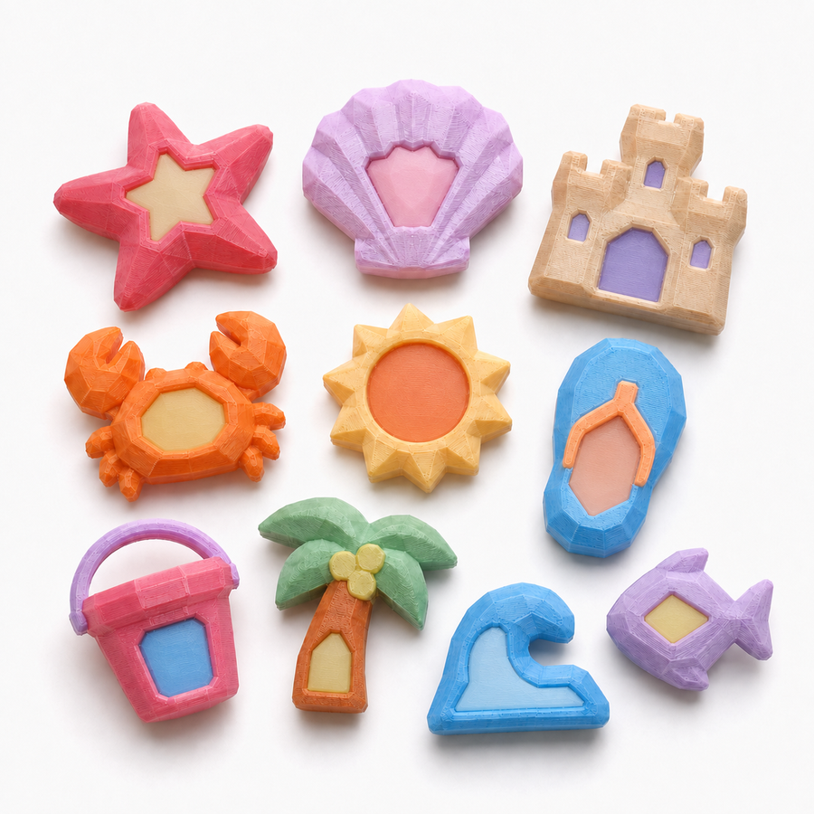 Beach Day Color Shifter Set with shells, sandcastle, flip-flop, and waves